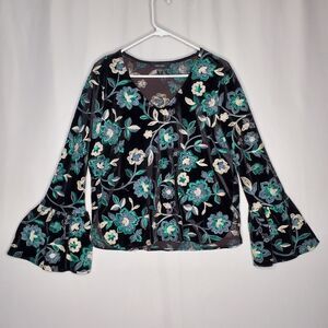 Karen Kane Velvet Embroidered Top Women Medium Floral Bell Sleeve Boho Romantic